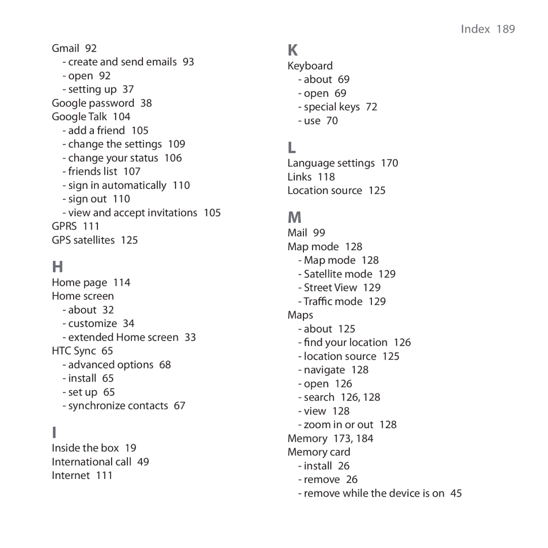 HTC DREA160 user manual Index  